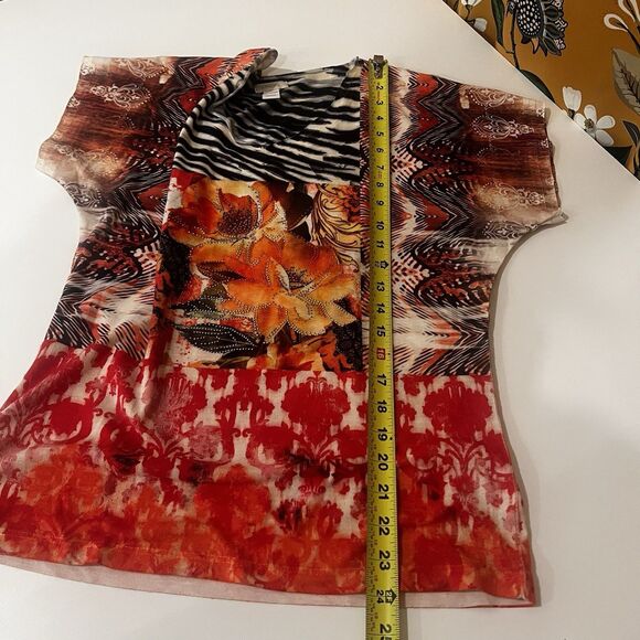 Vtg Chico’s Mixed Media Knit Top Sz S Cap Sleeves Embellished Y2K Floral - Picture 5 of 5